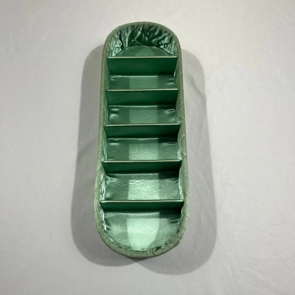 Vintage Drawer Organizer Green Quilted Satin 6 Slot Vanity Jewelry Tray Elegant